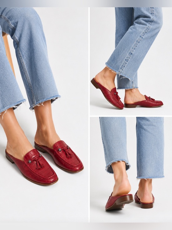 Brighton Shoes - Brighton Julie Red Croc Embossed Leather Mule Loafers Tassel Slides Sz 10